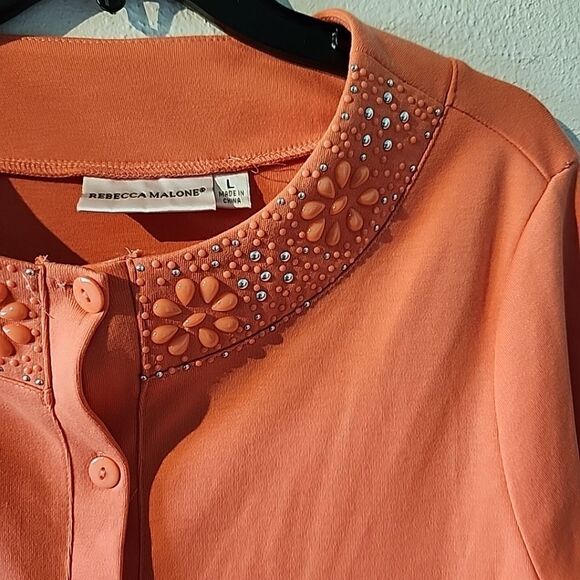 REBECCA MALONE Pink CORAL Floral BEADED BUTTON UP COTTON Cardigan L Summer Vibe - Picture 3 of 7